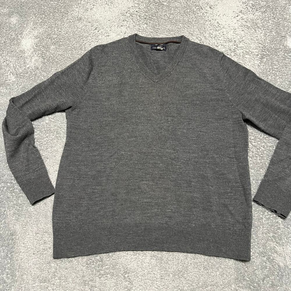Lands End Sweater Mens Large Merino Wool Knit V Neck Gray Casual